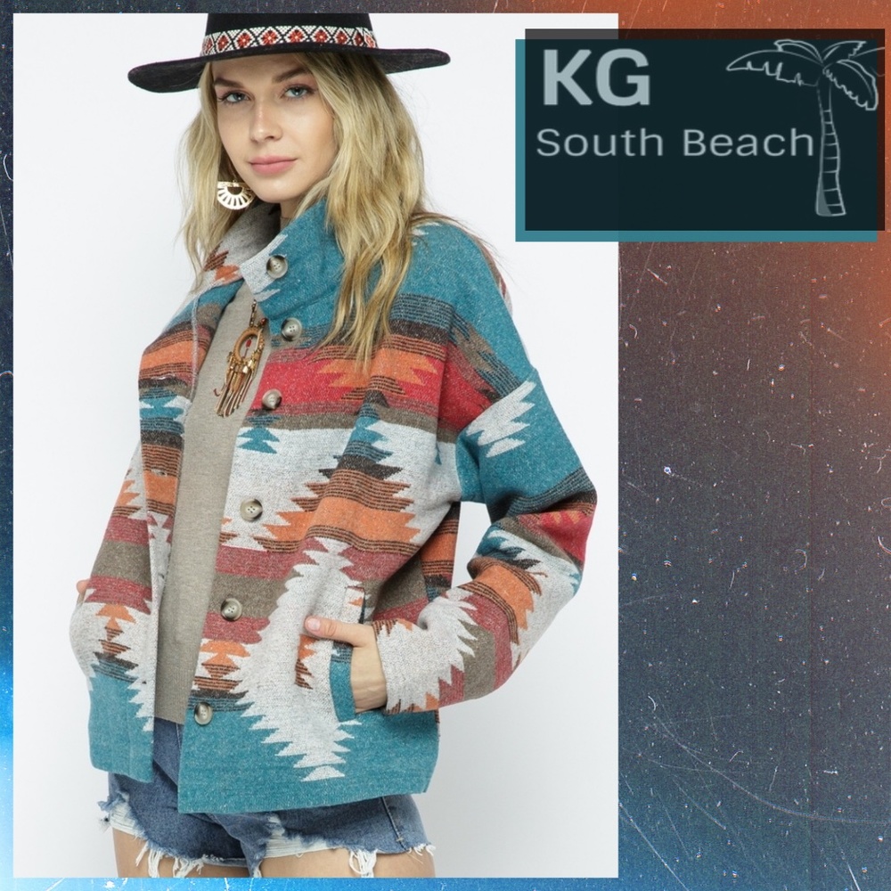 LUX BRAND Aztec Print Button Up Soft & Cozy Jacket W/Stand-Up Collar & Pockets